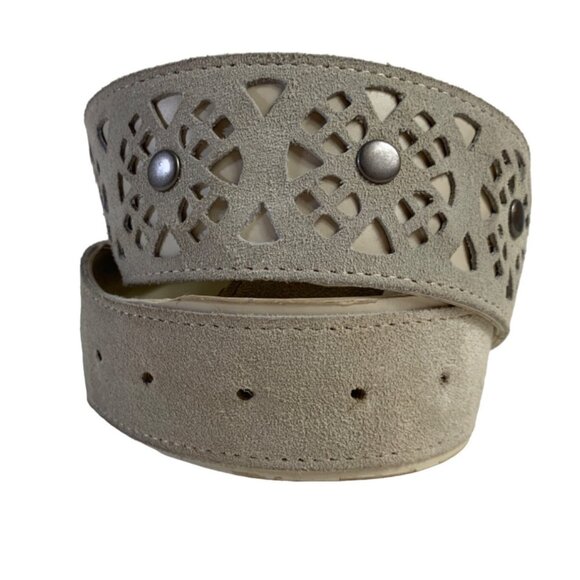 90s Taupe Leather Belt Size S Intricate Laser Cut Out Ornate Silver Buckle VTG - Picture 12 of 14